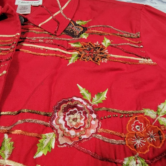 Coldwater Creek Red Floral Embroidered Jacket Blazer Boho Art Beaded Denim Large - Picture 7 of 12